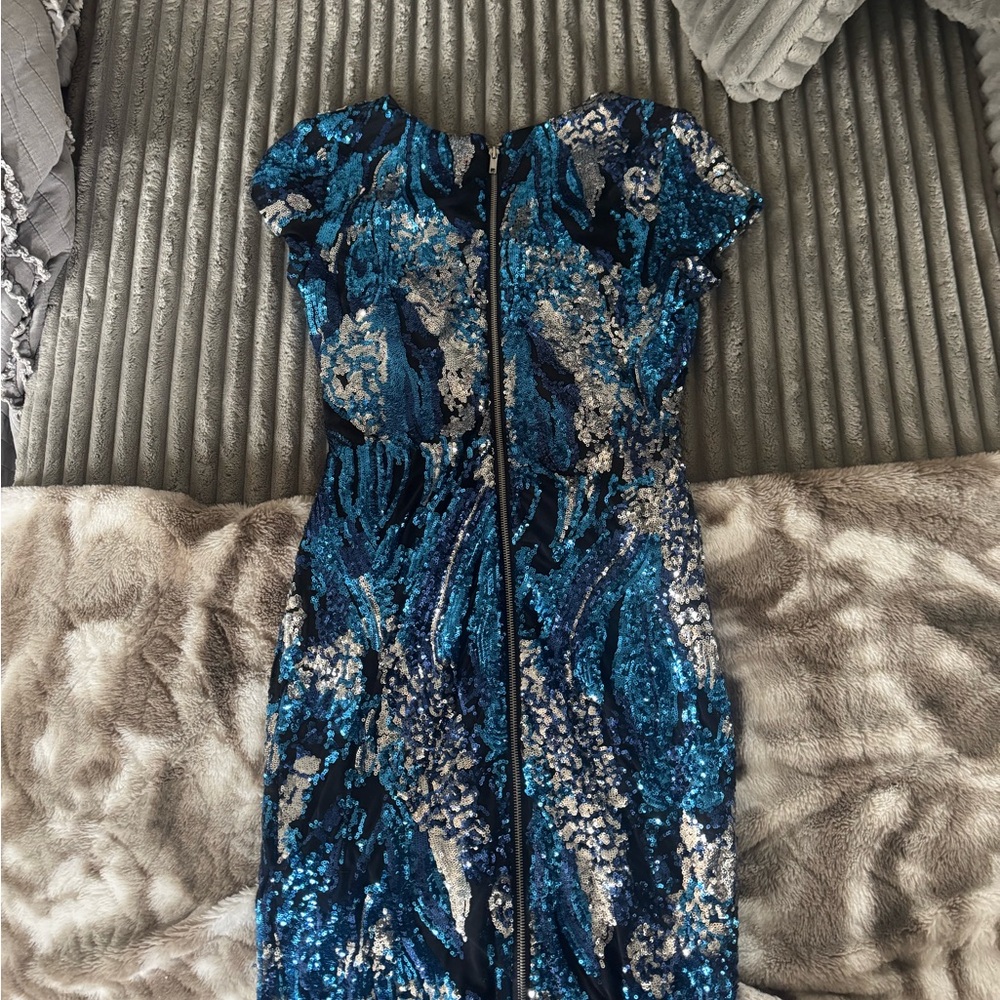 Cache Blue and Silver Sequin Mini Dress